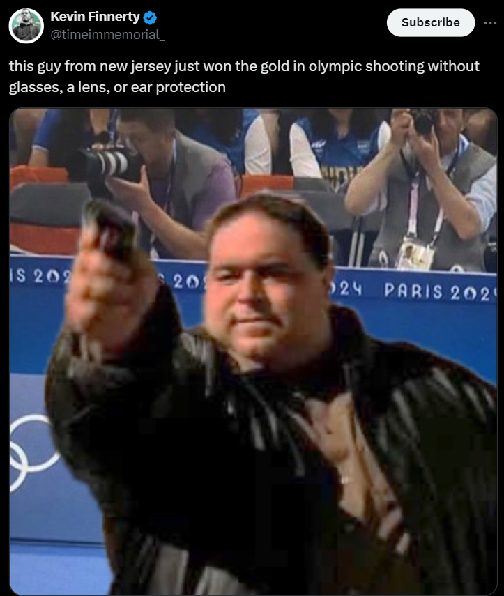 screenshot - Kevin Finnerty Subscribe this guy from new jersey just won the gold in olympic shooting without glasses, a lens, or ear protection Is 202 20 24 Paris 202